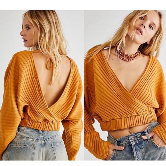 Free People Beach Cropped Wrap Sweater Large  Yellow - Picture 1 of 8